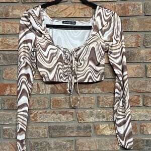 Boohoo Zebra‎ Beach Top Womens Sz 6 Tie Front Crop Long Sleeves Boho Blouse Y2K